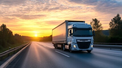 Aufkleber - Powerful logistics truck driving on a highway against a stunning sunset skyline showcasing transportation efficiency : Generative AI