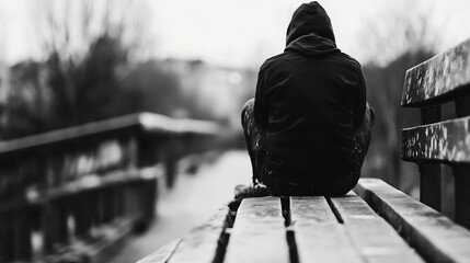 Poster - Lonely figure sitting on a wooden bench in black and white reflections of solitude in a park : Generative AI
