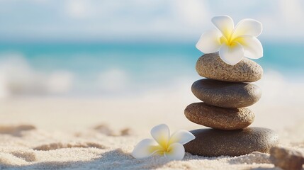 Poster - Serenity and Balance Natural Frangipani Flowers on Peaceful Stacked Stones at Beach : Generative AI