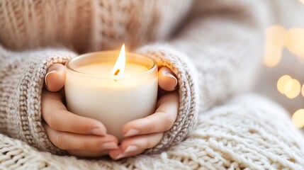 Aufkleber - Candle in Hands Relaxing at Home with Warm Cozy Sweaters and Soft Textiles : Generative AI