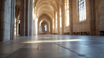 Aufkleber - Interior of a historic church with beautiful arches and sunlight streaming through stained glass windows : Generative AI