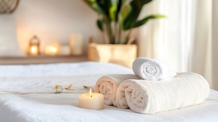 Poster - Spa set with rolled towels a candle and potted plant for relaxation and wellness : Generative AI