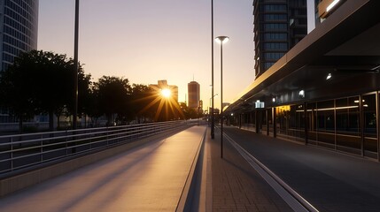 Poster - Sunset view of a city street with skyscrapers and glowing streetlights : Generative AI