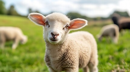 Poster - Cute lamb standing in a lush green field with gentle sunlight shining in the background : Generative AI