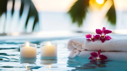 Aufkleber - Relaxing Spa Ambiance with Candles and Towels by the Pool at Sunset for Ultimate Calm : Generative AI