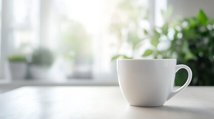 Poster - Elegant white coffee cup on wooden table with green plants in the background shining in soft natural light : Generative AI