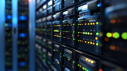 Leinwandbilder - High-Tech Server Room with Colorful Light Indicators and Data Storage Units : Generative AI