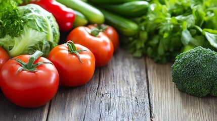 Poster - Fresh vegetables including tomatoes and greens arranged beautifully on a rustic table : Generative AI