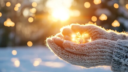 Aufkleber - Holding glittering snowflakes in hands with sunlight background during winter day : Generative AI