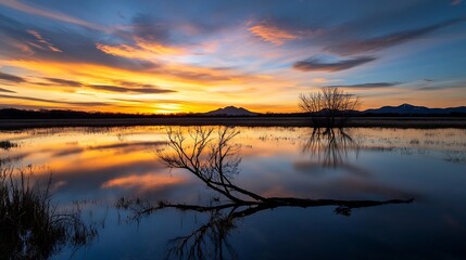 Poster - Stunning sunset over tranquil water with reflections and bare tree silhouettes : Generative AI