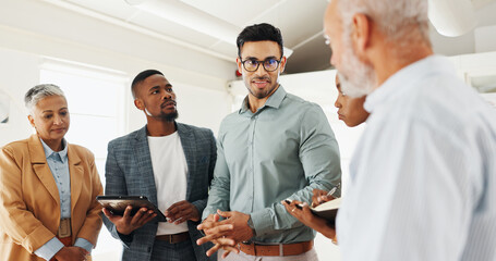 Aufkleber - Business people, laptop and talking in meeting in office with planning and creative decision making. Teamwork, professional employees and technology in boardroom for project feedback or brainstorming