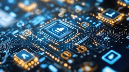 Poster - Digital chip with social media icon on circuit board