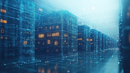 Poster - Futuristic data center city, holographic, network, digital, abstract