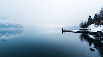 Poster - Misty Calm Lake Surrounded by SnowCapped Mountains and Reflections on the Still Water : Generative AI