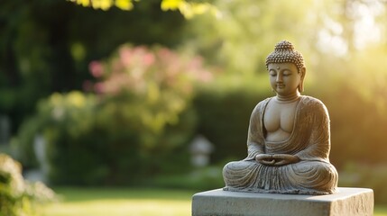 Aufkleber - Serene Buddha Statue Surrounded by Nature in Sunlight Symbolizing Peace and Tranquility : Generative AI
