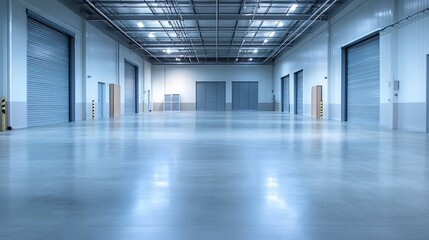 Poster - Spacious modern industrial warehouse interior featuring clean floors large doors and ample natural light for versatile use : Generative AI