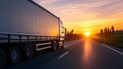 Aufkleber - Semi Truck Driving on Open Road Against a Beautiful Sunset Horizon : Generative AI