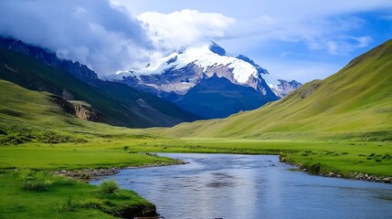 Poster - Breathtaking Mountain Landscape with River Flowing Through Lush Green Valley : Generative AI