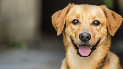 Poster - Happy Golden Retriever Dog Sitting Outdoors with Joyful Expression and Bright Eyes : Generative AI