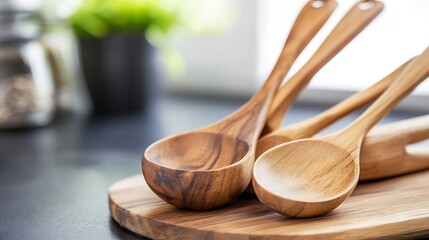 Aufkleber - Wooden Cooking Spoons on a Cutting Board in a Cozy Kitchen Setting with Natural Light : Generative AI