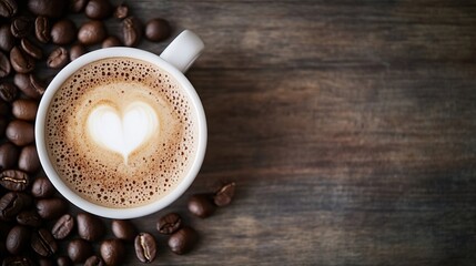 Aufkleber - A cozy cup of coffee with a heart shaped foam art resting on a wooden table with coffee beans around : Generative AI
