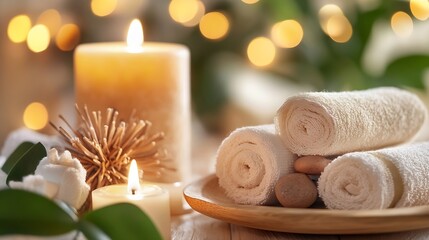 Aufkleber - Cozy Spa Essentials with Candles and Rolled Towels Creating Relaxing Ambience : Generative AI
