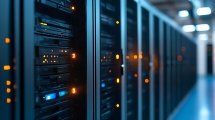 Fototapete - Data Center with Server Racks and Bright LED Indicators Illuminating the Environment : Generative AI