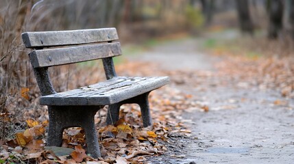 Poster - Concrete bench along a leafcovered path in an inviting park setting during fall : Generative AI