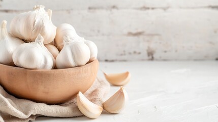 Poster - Fresh Garlic Bulbs And Cloves Arranged In A Warm Rustic Setting : Generative AI