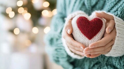 Poster - Warm and Cozy Heartfelt Gift of Handmade Knitted Heart in Hands with Bokeh Background : Generative AI