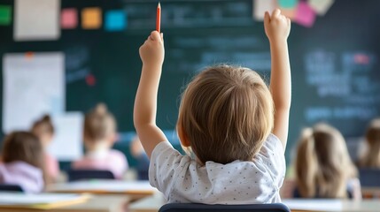 Poster - Joyful Child Raising Hand in Classroom Environment for Educational Purposes : Generative AI