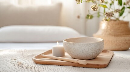 Poster - Serene spa setting featuring a natural clay bowl candle and floral decor in cozy atmosphere : Generative AI