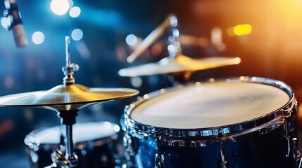 Poster - Close Up of Drums on Stage with Bright Stage Lights and Vivid Background : Generative AI