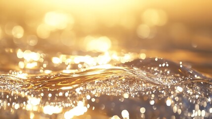 Poster - Stunning close up view of shimmering water waves reflecting warm golden light in a tranquil outdoor setting : Generative AI