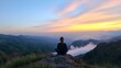 © Generative AI - Serene Sunset Meditation in Mountains Calm Female Figure Gazing at Scenic View : Generative AI