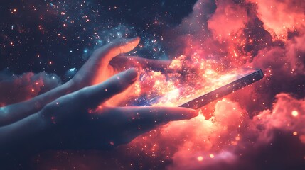 Wall Mural - Hands holding a glowing phone with cosmic sky effects present