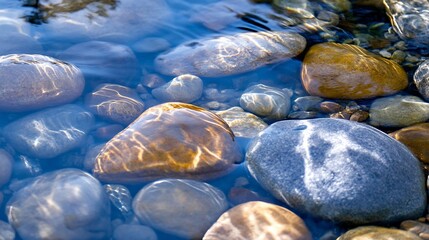 Aufkleber - Clear blue water with smooth stones beneath it showcasing the beauty of nature and tranquillity in a serene setting : Generative AI