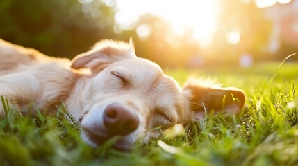 Poster - Golden Retriever Dog Sleeping Peacefully on Grass Under Warm Sunlight in a Green Park Setting : Generative AI