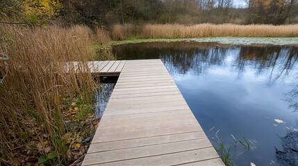 Poster - Quaint Dock Overlooking a Serene Pond Surrounded by Tall Reeds and Autumn Colors : Generative AI