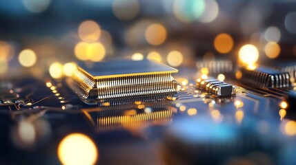 Poster - High-Tech Close-Up of a Computer Circuit Board with Soft Bokeh Lights and Modern Electronics : Generative AI