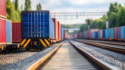 Poster - Vibrant and Colorful Cargo Containers Lined Up Along Railroad Tracks in a Scenic Landscape : Generative AI