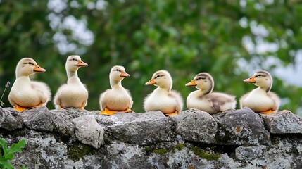 Poster - Charming lineup of fluffy ducklings sitting on a stone wall surrounded by lush greenery : Generative AI