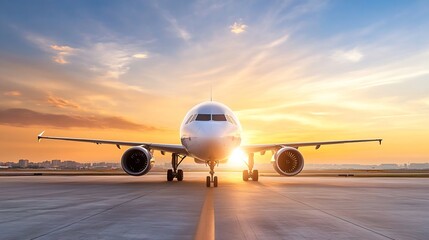 Poster - Airplane on Runway at Sunset with Dramatic Sky in Background : Generative AI
