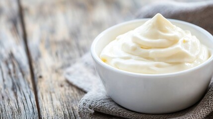 Poster - Fresh homemade creamy topping in a modern white bowl on a rustic wood table for culinary creations : Generative AI