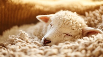 Aufkleber - Cute Baby Sheep Sleeping Comfortably on Soft Blanket in Warm Light : Generative AI