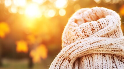 Poster - Warm Knitted Scarf Close-up in Autumn Light with Nature Background : Generative AI