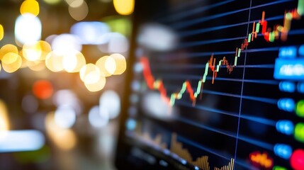 Poster - Detailed financial market analysis with colorful stock chart and blurred lights in background : Generative AI