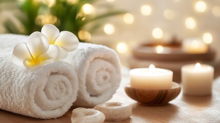 Poster - Spa Essentials: Rolled Towels with Frangipani Flowers and Candles in Soft Light : Generative AI