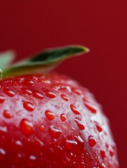 Poster - Detailed view of a ripe strawberry covered with water droplets on a vibrant red background : Generative AI