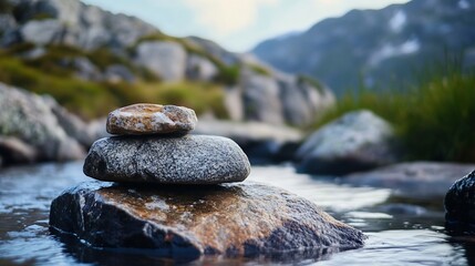 Poster - Tranquil river scene with stacked stones beside flowing water amidst lush greenery and beautiful mountains : Generative AI